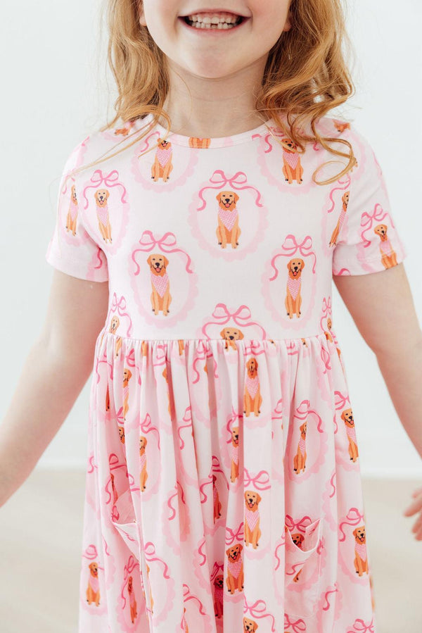  pink girls dress with short sleeves and playful dog print for young girls