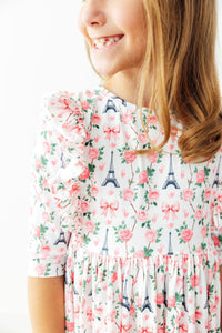 Girls white twirl ruffle dress with pink floral and Eiffel Tower print, 3/4 sleeves