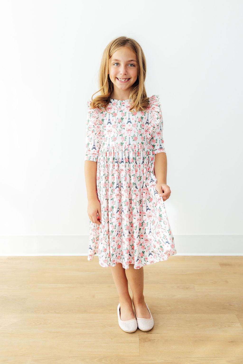 Girls white floral Twirl Ruffle Dress 3/4 sleeve by Mila & Rose dress ruffle detail