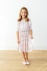 Girls white floral Twirl Ruffle Dress 3/4 sleeve by Mila & Rose dress ruffle detail