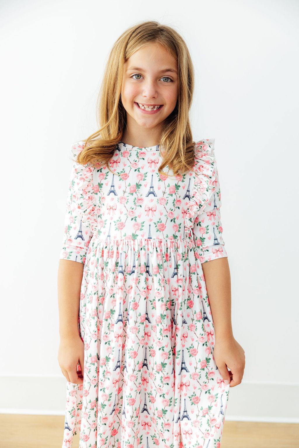 Girls white dress ruffle with pink floral print and Eiffel Tower pattern, 3/4 sleeve twirl ruffle dress