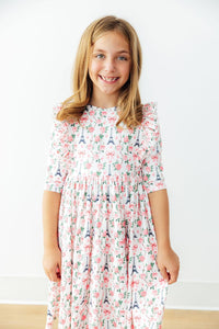 Girls white dress ruffle with pink floral print and Eiffel Tower pattern, 3/4 sleeve twirl ruffle dress