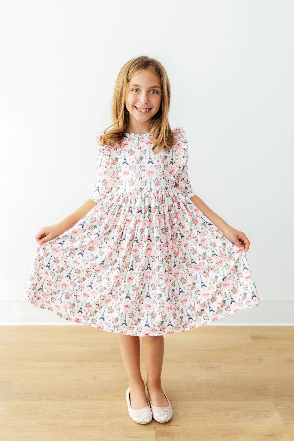 Girls pink floral dress ruffle with 3/4 sleeves twirl style by Mila and Rose