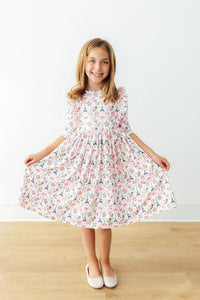 Girls pink floral dress ruffle with 3/4 sleeves twirl style by Mila and Rose