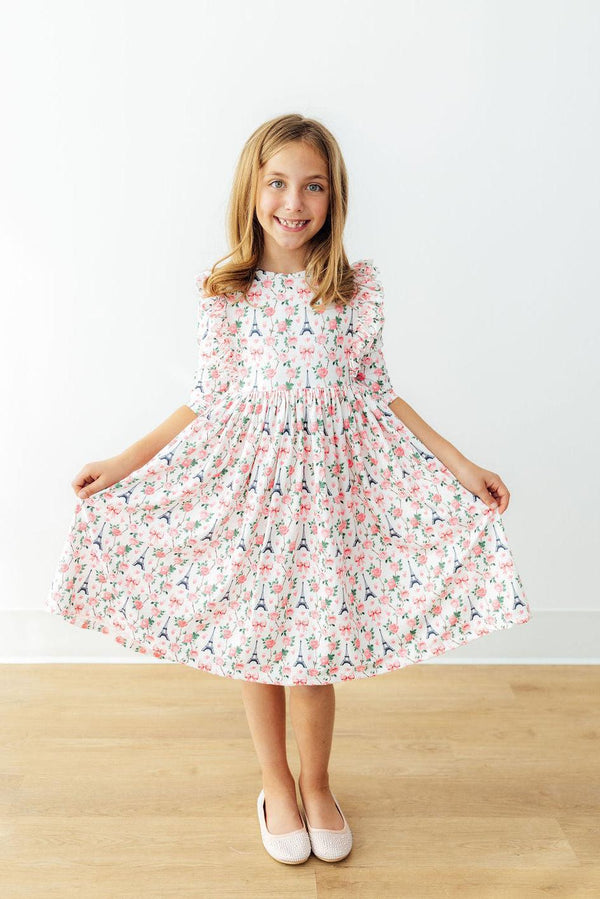 Girls pink floral dress ruffle with 3/4 sleeves twirl style by Mila and Rose