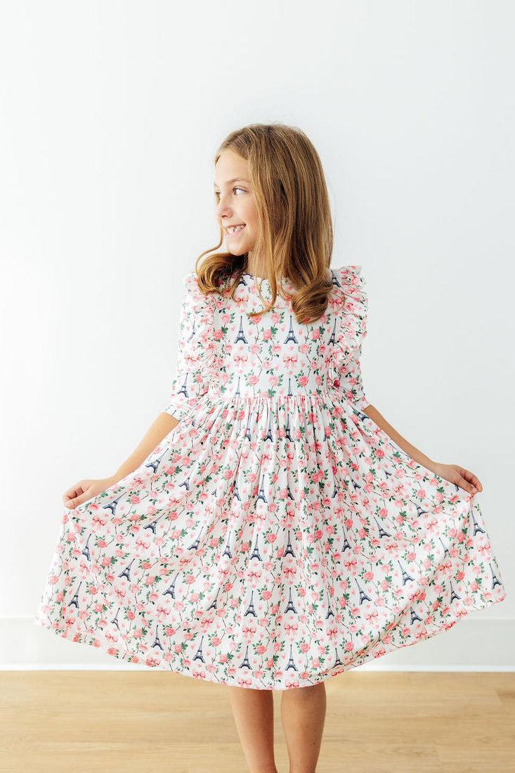 Girls pink floral twirl ruffle dress 3/4 sleeve with Eiffel Tower pattern