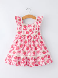Rylee Faith Designs girls pink strawberry print girls dress with ruffle sleeves and lace trim