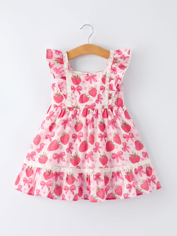 Rylee Faith Designs girls pink strawberry print girls dress with ruffle sleeves and lace trim