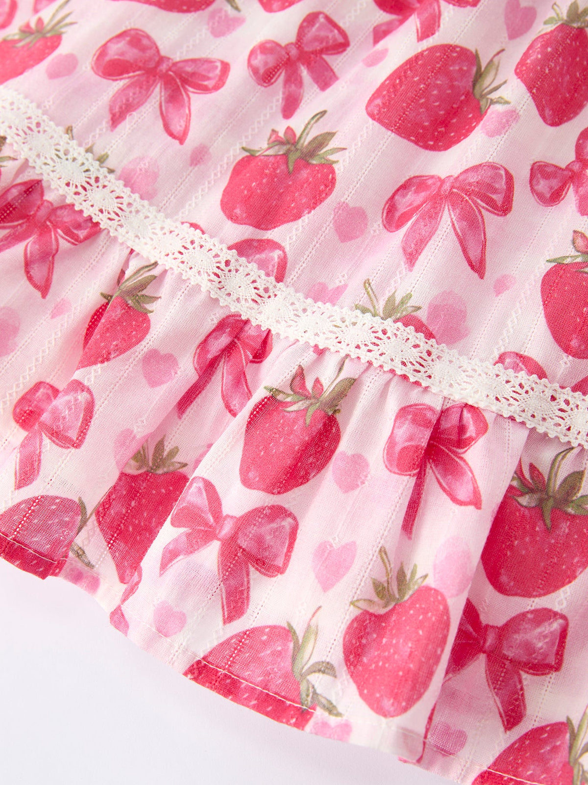 Rylee Faith Designs girls strawberry print girls dress in pink with red strawberries and bows, lace detail
