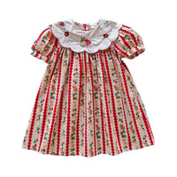 Red and white cotton girls embroidered strawberry dress with floral patterns and scalloped collar