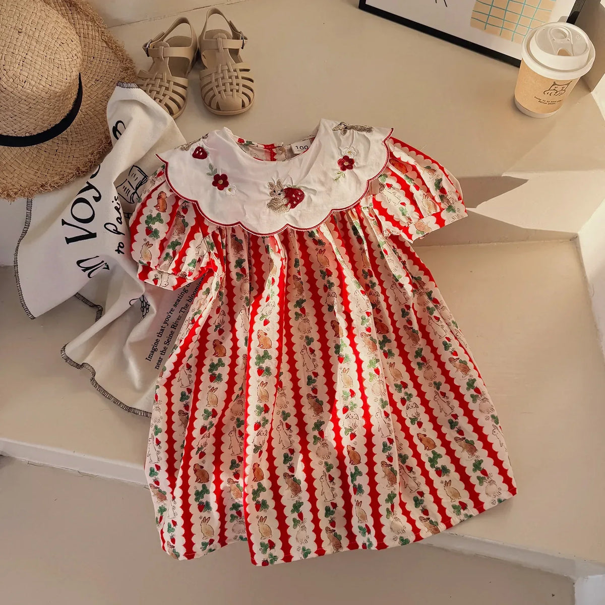 Girls embroidered strawberry dress in red and white cotton with floral and strawberry patterns