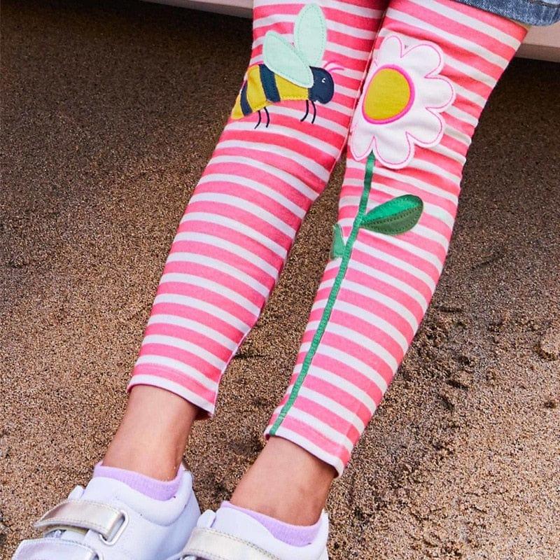 girls floral cotton leggings pink and white striped with bee and flower applique for toddlers