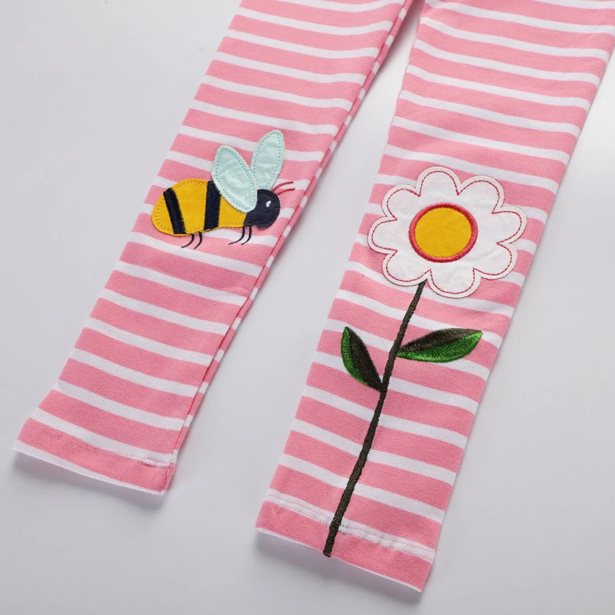 Pink and white striped girls floral cotton leggings with bee and flower applique, toddler size