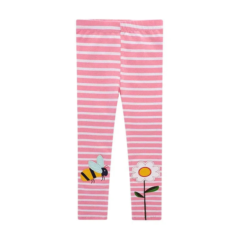 girls floral cotton leggings pink and white striped with bee and flower applique for toddlers