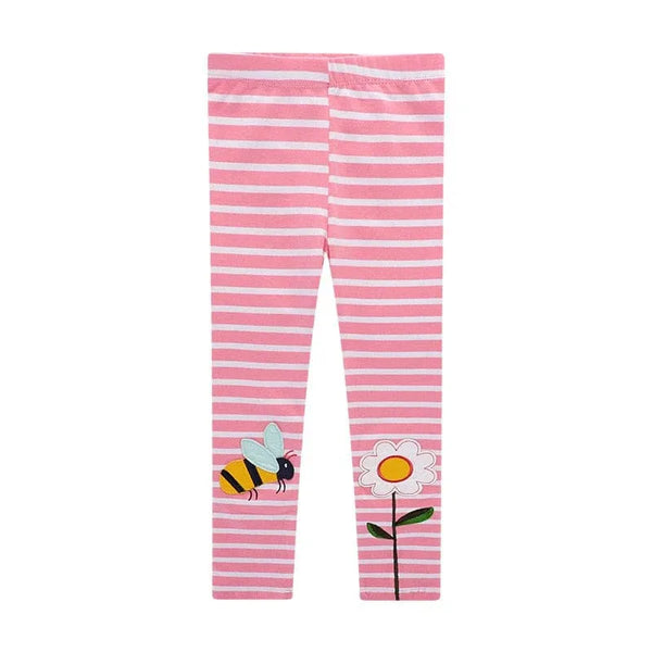 girls floral cotton leggings pink and white striped with bee and flower applique for toddlers