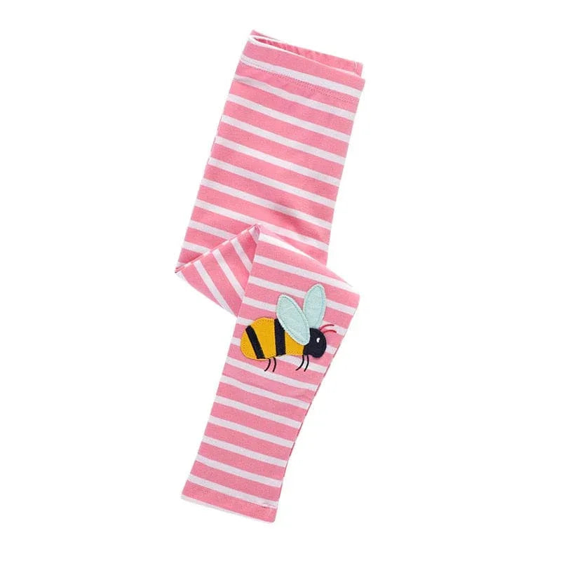 girls pink and white striped cotton leggings with bee applique for babies