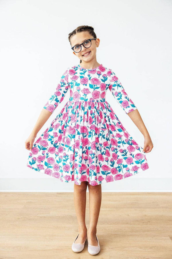 Girls floral pocket twirl dress sleeves in pink rose print for kids