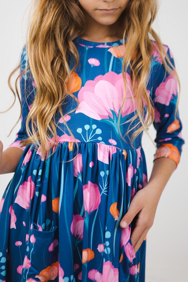 Girls sleeve blue floral twirl pocket dress with pink and orange flowers