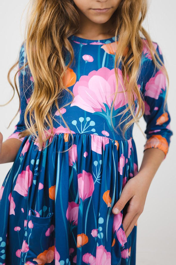 Girls sleeve blue floral twirl pocket dress with pink and orange flowers