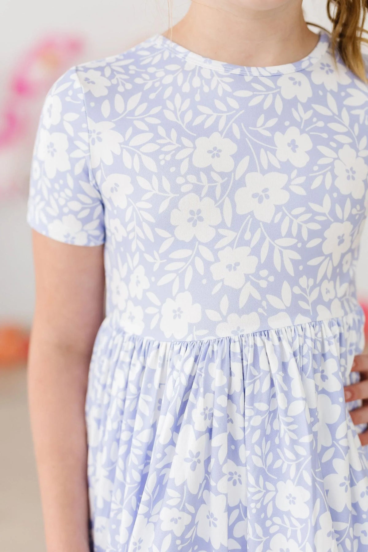 Girls light blue and white floral twirl dress short sleeve pocket detail