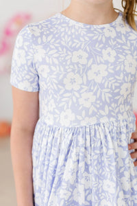 Girls light blue and white floral twirl dress short sleeve pocket detail