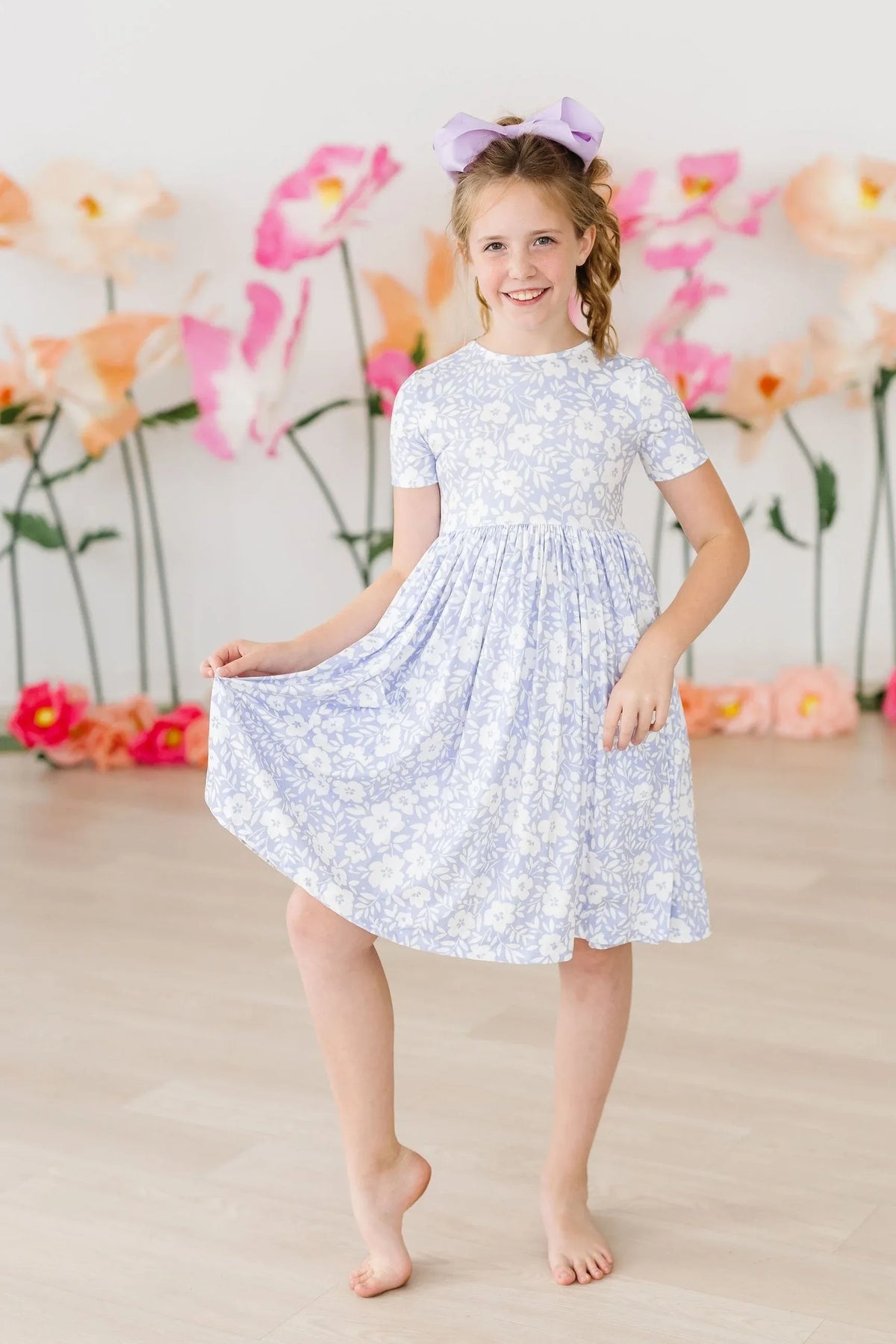 Girls light blue floral twirl dress short sleeve with pocket in size for young girls