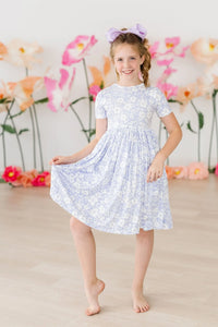 Girls light blue floral twirl dress short sleeve with pocket in size for young girls
