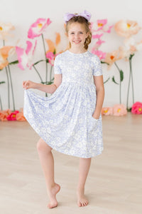 Girls floral twirl dress short sleeve light blue and white for kids with pockets