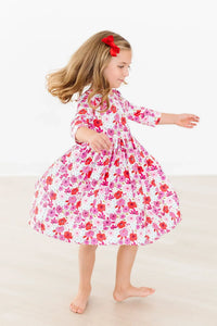 Girls white and pink floral twirl dress with 3/4 sleeves for young girls by Mila & Rose