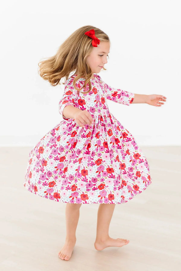 Girls white and pink floral twirl dress with 3/4 sleeves for young girls by Mila & Rose