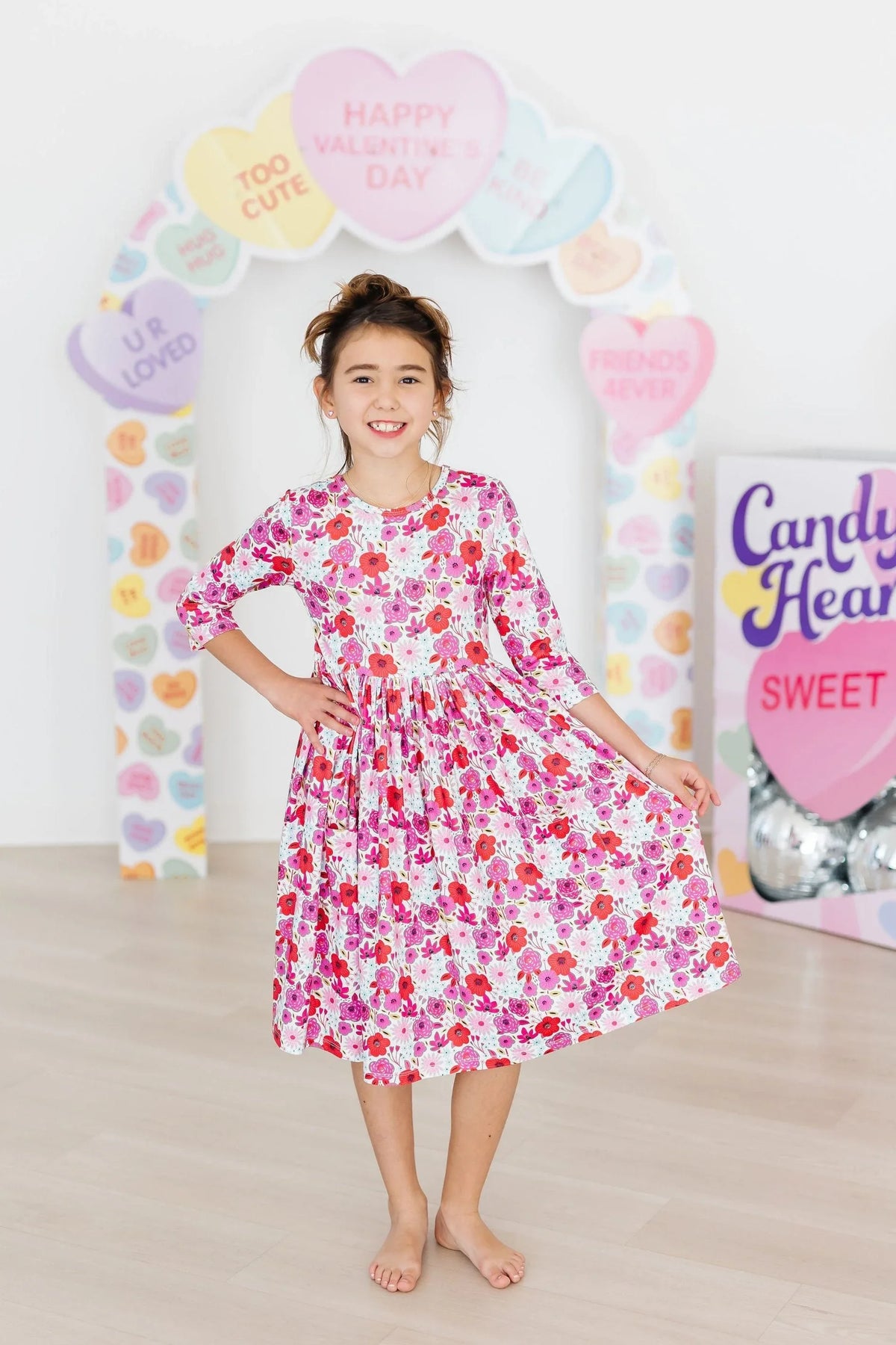 Girls floral twirl dress in pink and red with 3/4 sleeves in size for young girls