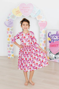 Girls floral twirl dress in pink and red with 3/4 sleeves in size for young girls