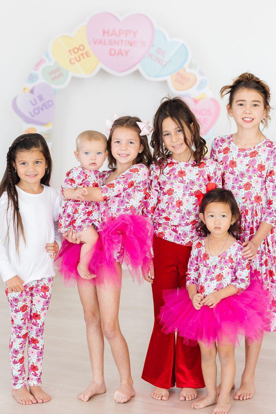 Girls floral twirl dress by Mila & Rose, 3/4 sleeve pink floral dress with bright pink tutu, sizes for toddlers to older girls