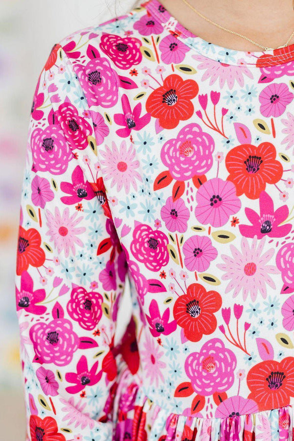 Girls floral twirl dress by Mila & Rose with pink and red flower print, long sleeve, toddler size