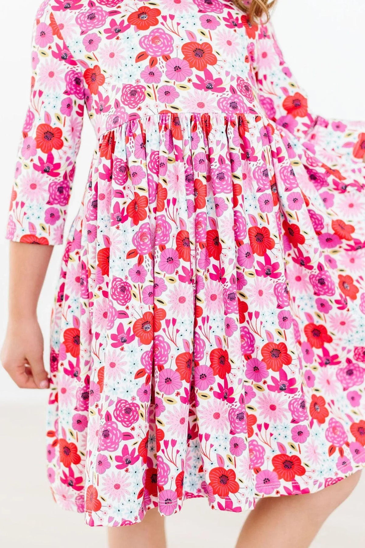 Mila & Rose girls floral twirl dress 3/4 sleeve pocket dress with pink and red flowers for kids