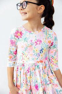 Mila & Rose girls flower twirl dress with 3/4 sleeves in pastel floral print for young girls