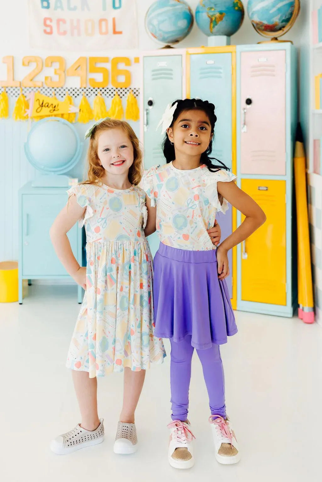 Girls size small twirl dress flutter sleeve in pastel colors with globe print by Mila & Rose