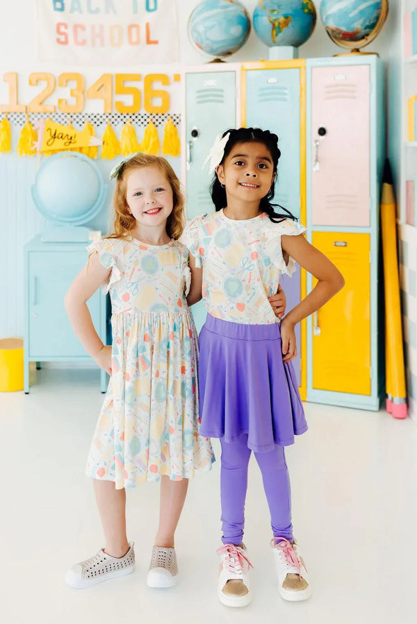 Girls size small twirl dress flutter sleeve in pastel colors with globe print by Mila & Rose