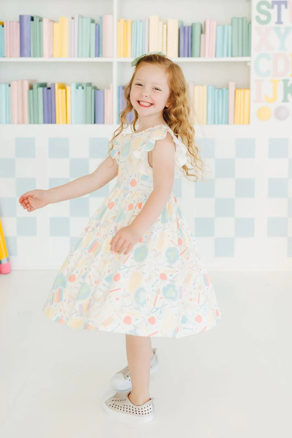 Girls white pastel floral girls flutter sleeve twirl dress with ruffled sleeves for toddlers