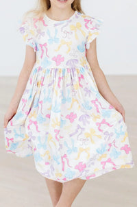 Girls white twirl dress flutter with colorful bow print and flutter sleeves for young girls