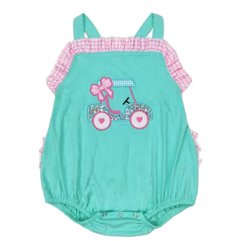 girls golf swimsuit romper in turquoise with pink gingham ruffle and golf cart applique for toddlers