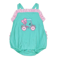 girls golf swimsuit romper in turquoise with pink gingham ruffle and golf cart applique for toddlers