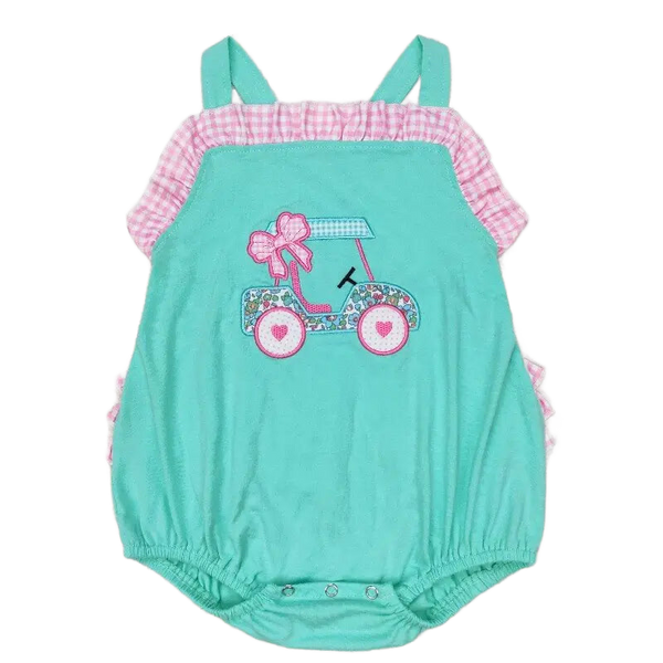 girls golf swimsuit romper in turquoise with pink gingham ruffle and golf cart applique for toddlers