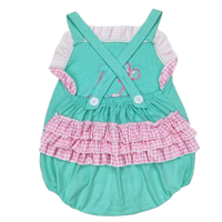 Girls golf swimsuit romper in teal with pink gingham ruffle skirt and cross-back straps for toddlers