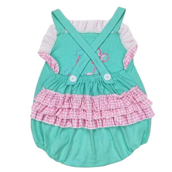 Girls golf swimsuit romper in teal with pink gingham ruffle skirt and cross-back straps for toddlers