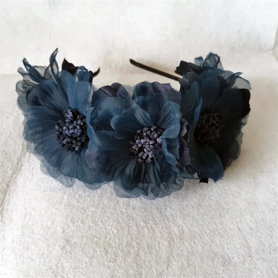 girls headband with navy blue fabric flowers, suitable for babies and kids