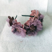 Purple and pink girls headband with large fabric flowers for babies and kids