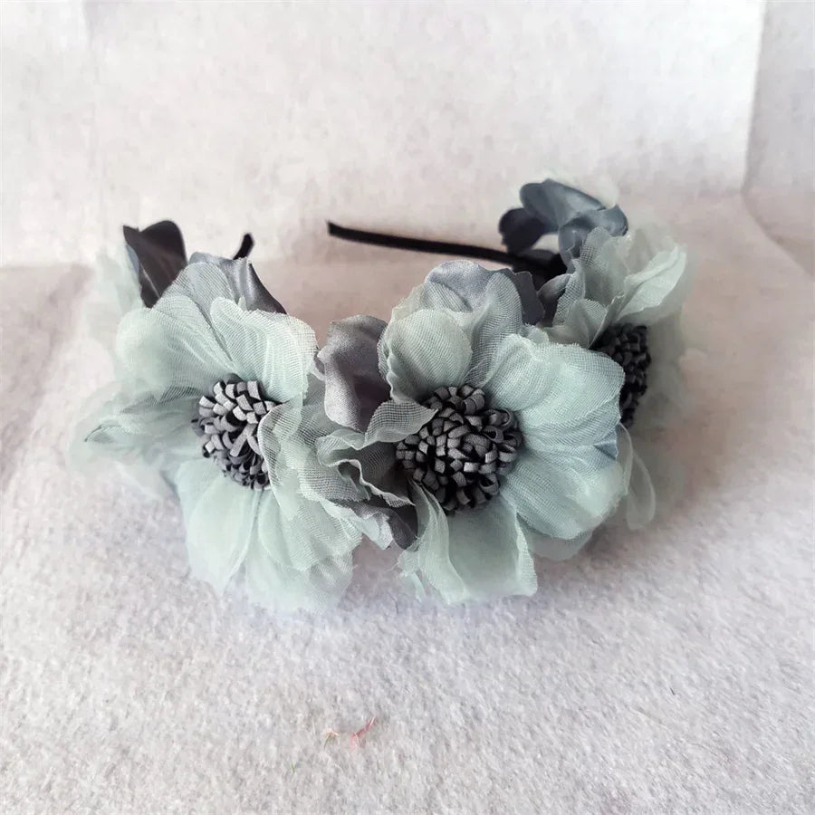 girls headband with large soft gray fabric flowers floral design accessory for kids