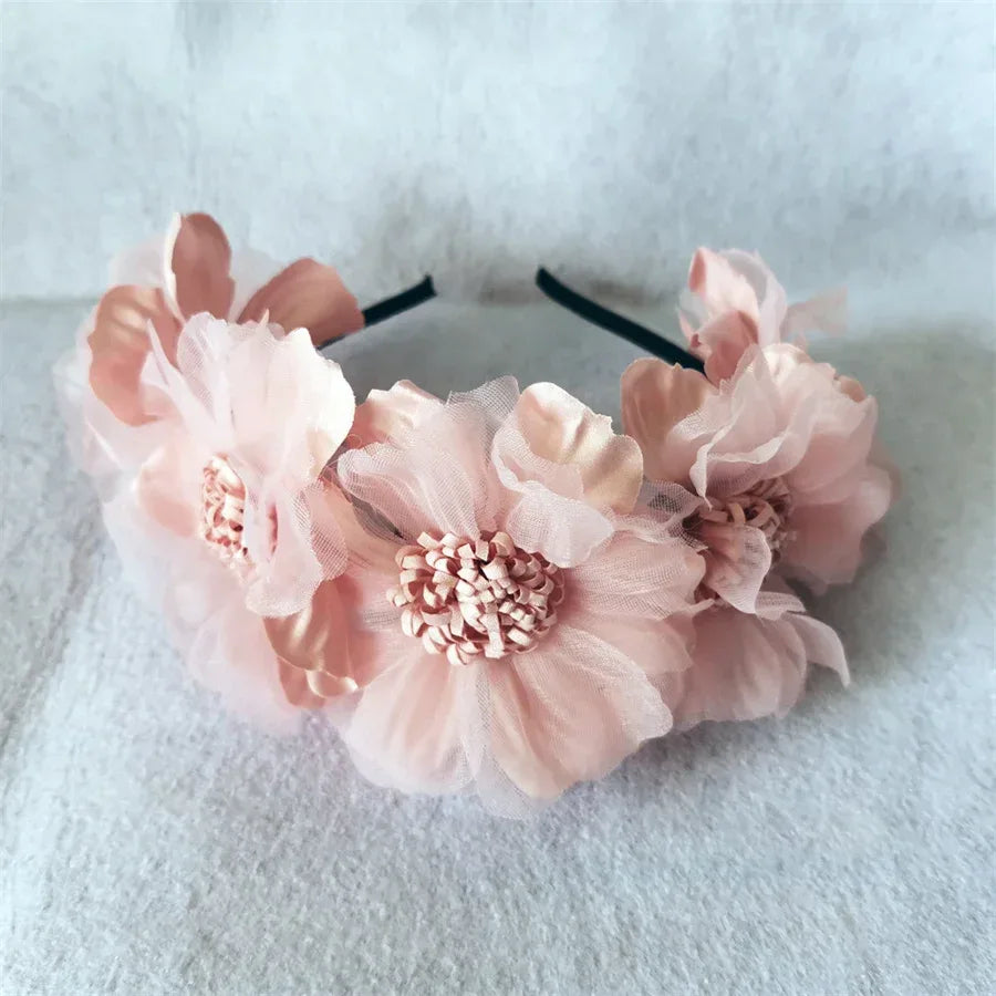 Pink floral girls headband with large fabric flowers for babies and kids