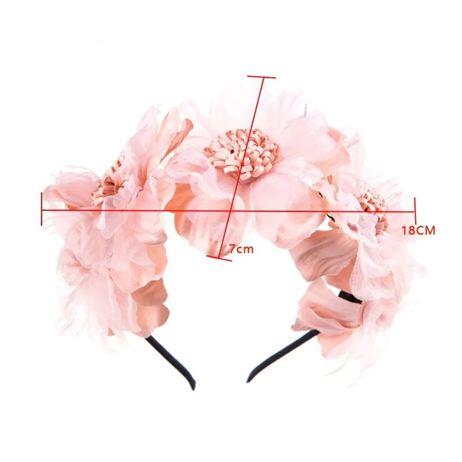 Girls headband with large pink fabric flowers for babies and kids, lightweight and decorative